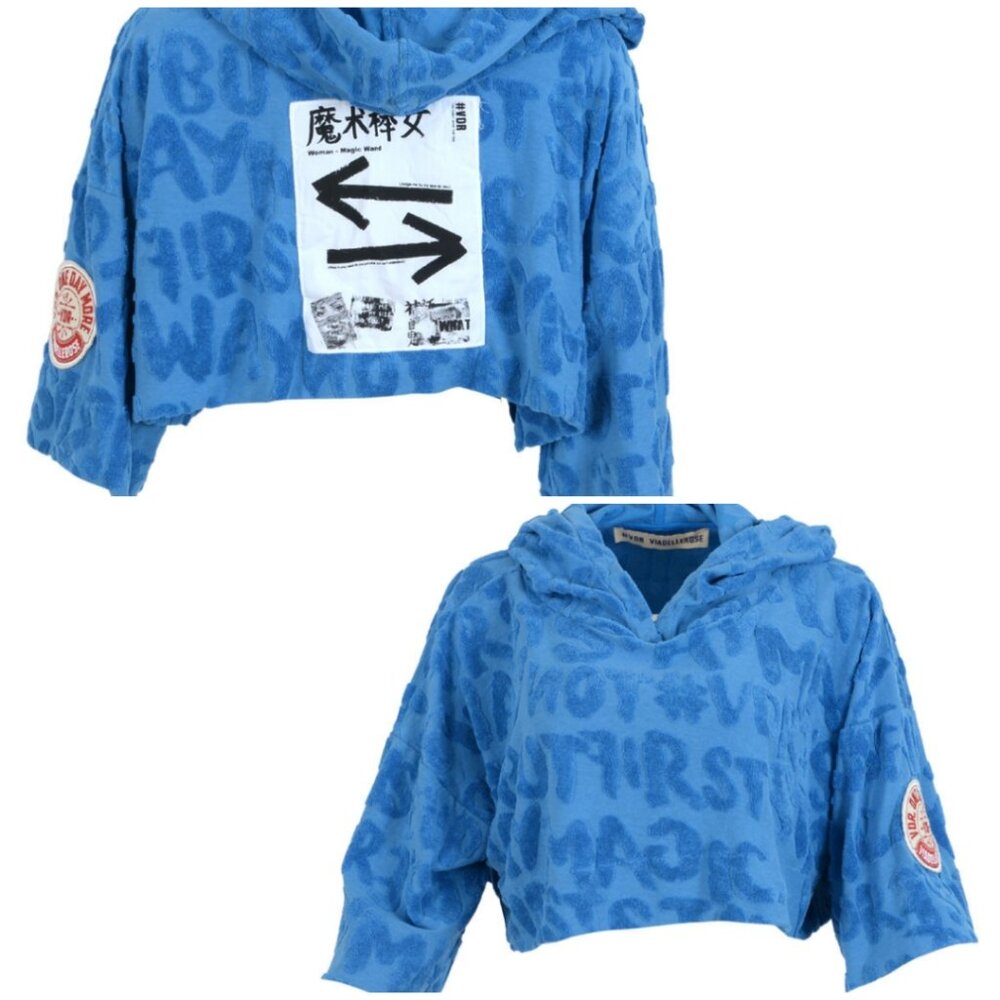 VDR Via Delle Rose Designer Crop Terry Cloth Hoodie Azzurro Patches One Size